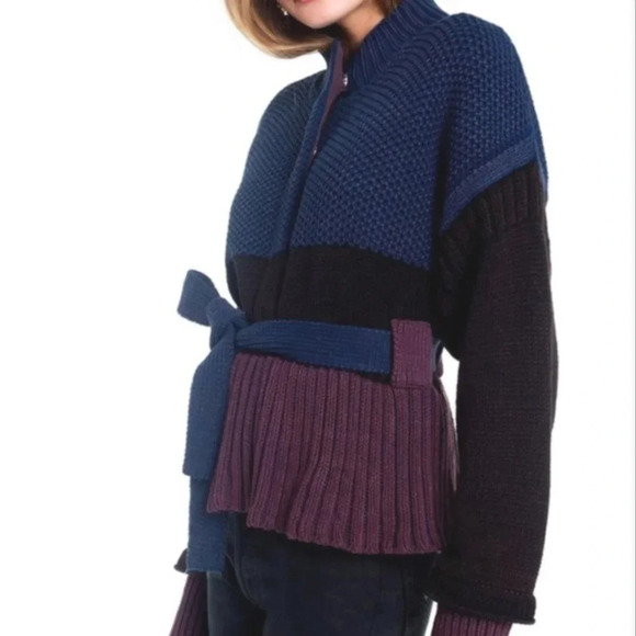 Wildfox Barb Chunky Knit Jacket Colourblock Cardigan with Waist Tie Small - Picture 10 of 16